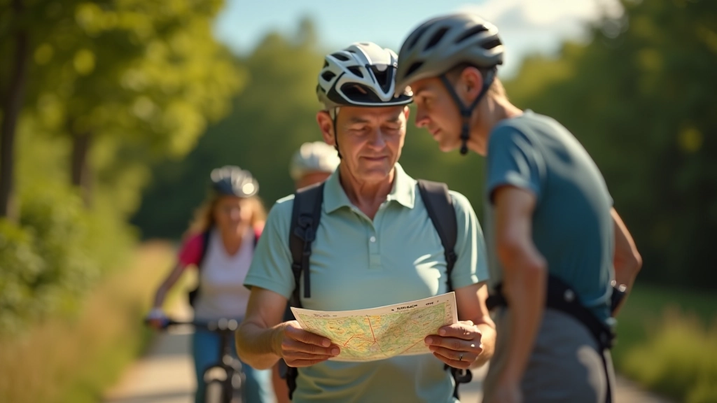 Vedoucí skupiny s mapou v ruce stojí před skupinou seniorů na kole, všichni si prohlížejí trasu na papírové mapě