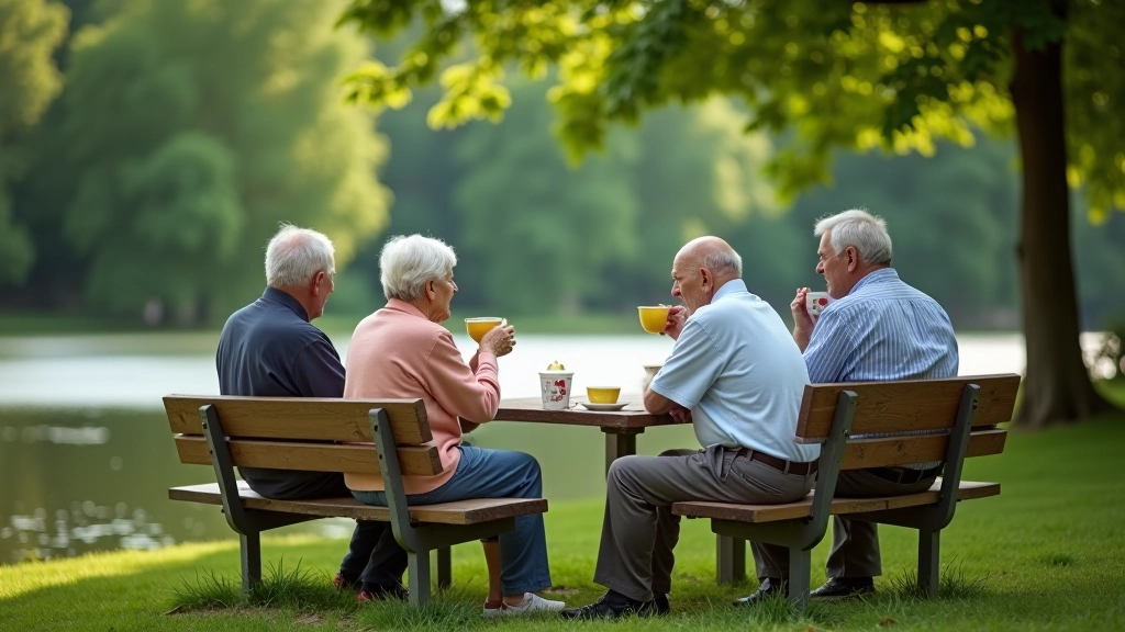 Skupinka seniorů si užívá odpočinek u řeky s termoskou čaje a sandiči