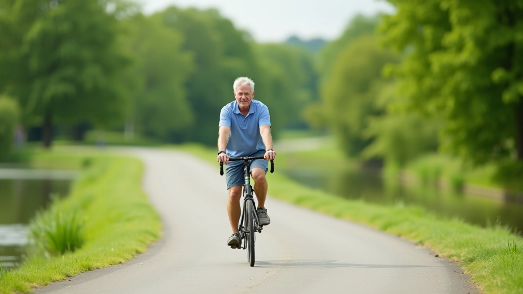 Cyklista střední věk na rovinaté trase podél řeky s koly a přírodou