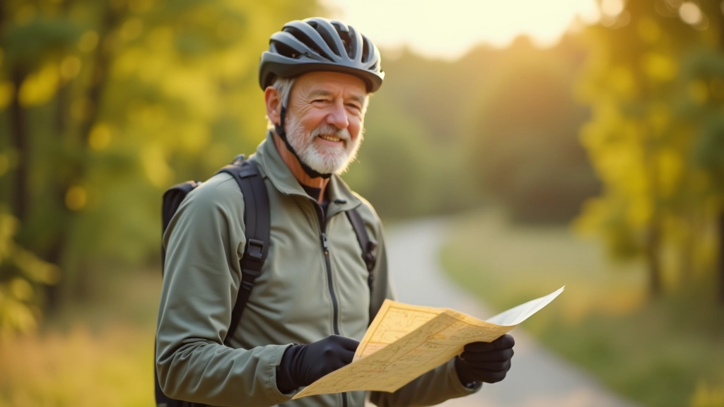 Starší cyklista v helmě usmívá se při kontrole trati s mapou v ruce